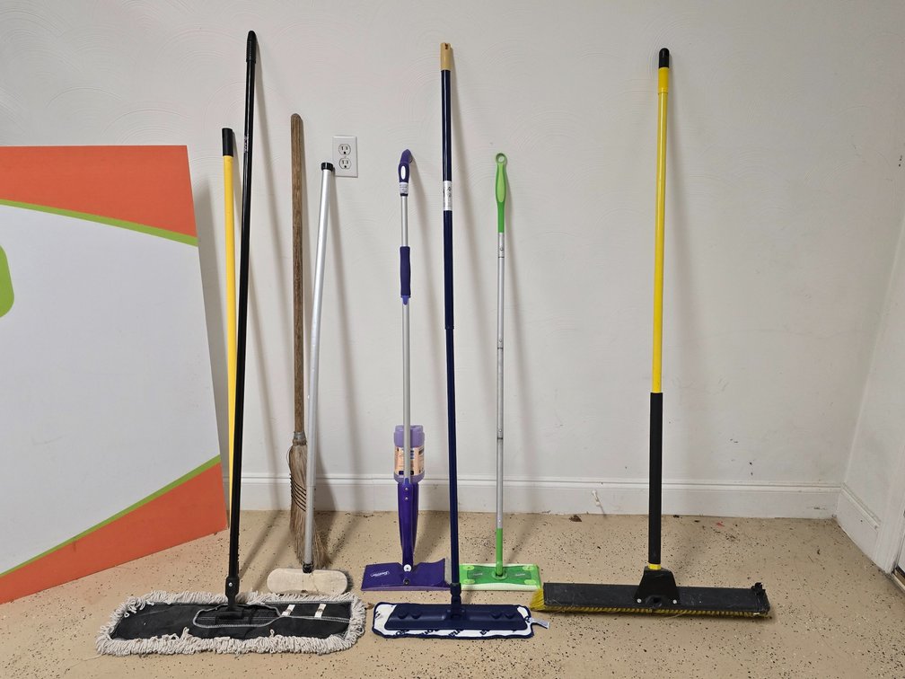 Assorted Brooms & Swiffer Mops