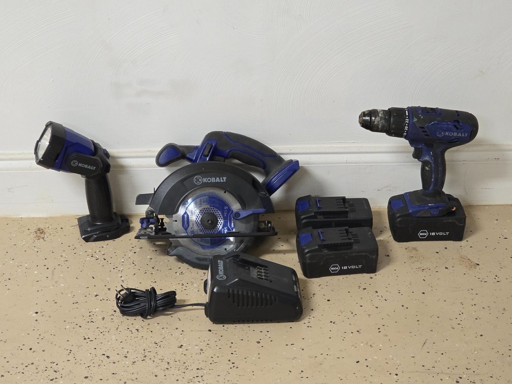 Kobalt 18V Tool Kit - Drill, Saw, Flashlight & 2 Batteries + Charger