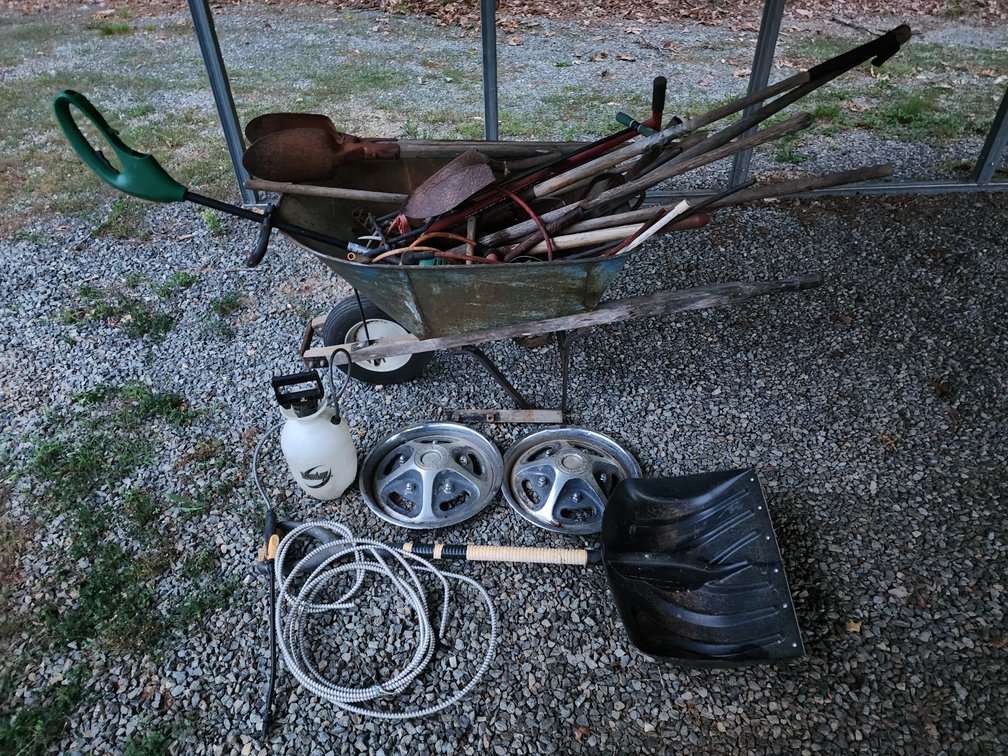 Wheelbarrow w/ Assorted Tools ans Car Parts 