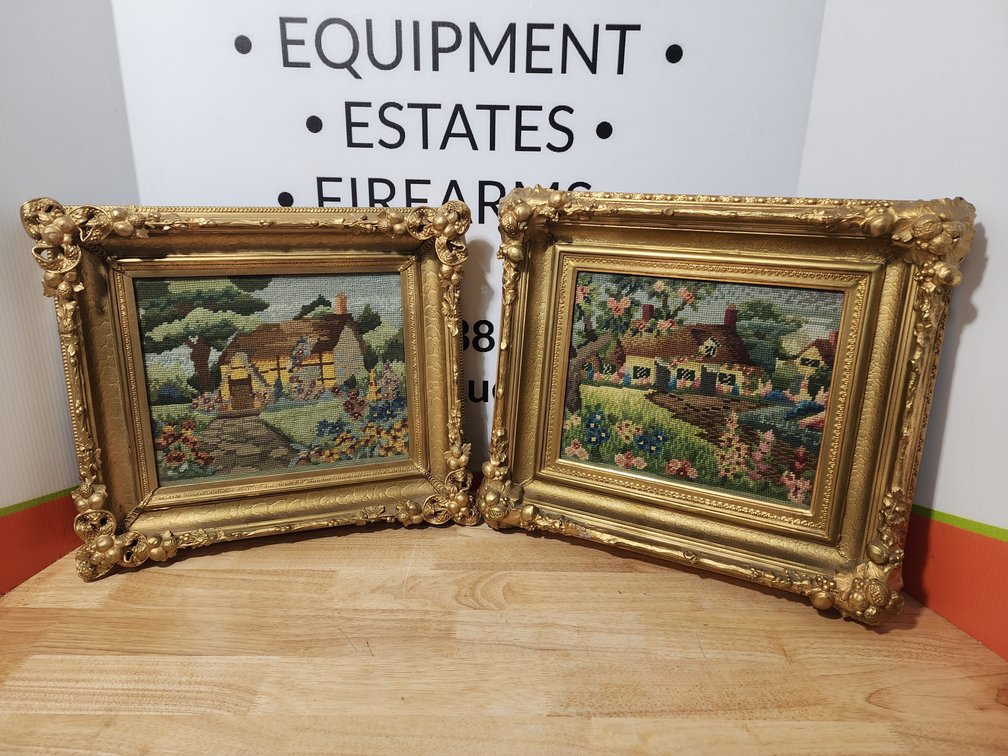 (2) Framed Needle Point Pictures Measure 16.5" Tall x 19" Wide and 16" Tall x 18" Wide
