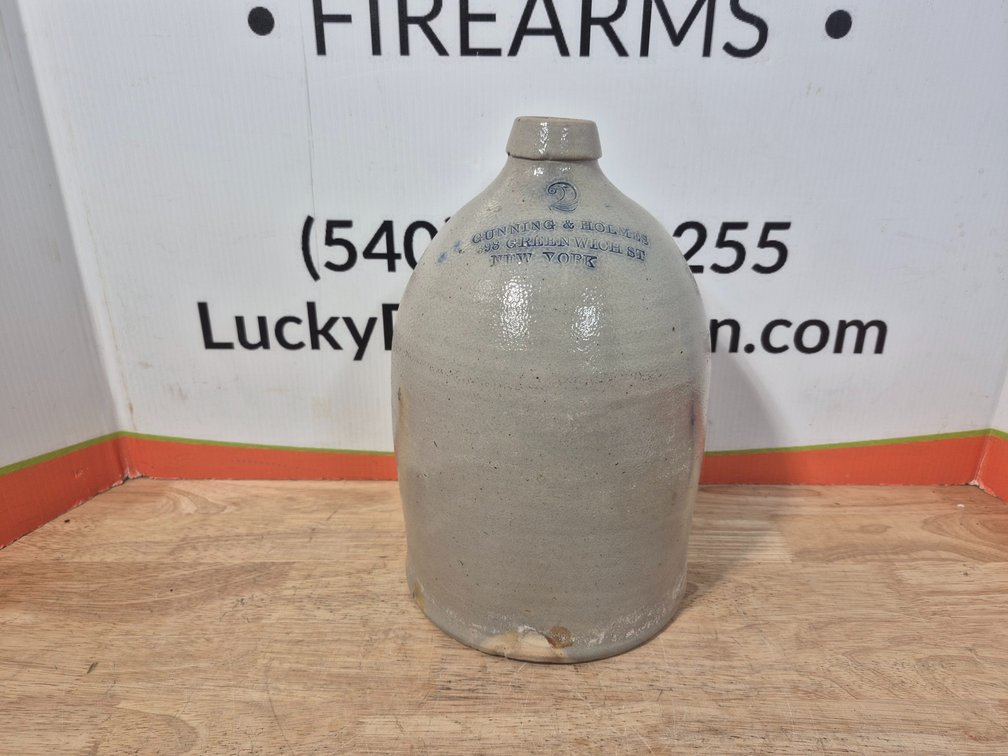 Antique 2 Gallon Gunning & Holmes Stoneware Crock 398 Green Wich St. New York