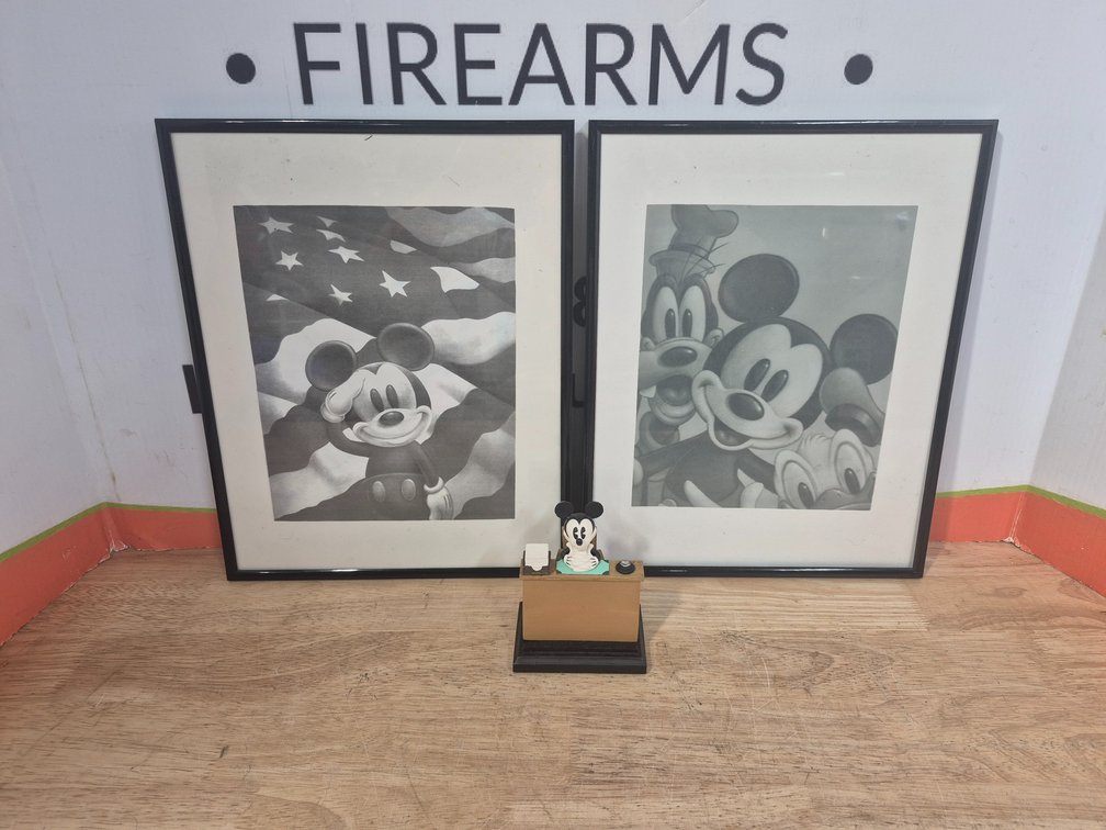 Mickey Mouse Framed Prints 11.5"×14.5" and Mickey Mouse Desk Figurine 