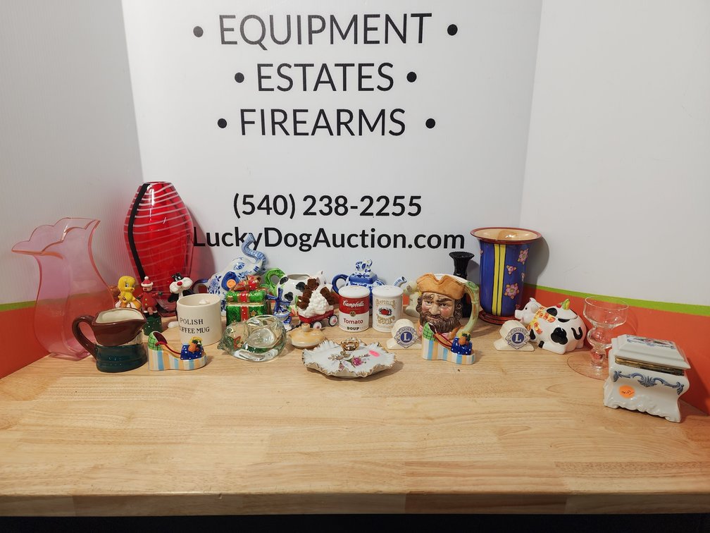 Campbells Tomato Soup Salt and Pepper Shakers - Heavy Glass Vase - Small Cow Cookie Jars - Looney Tunes Trinquets and More
