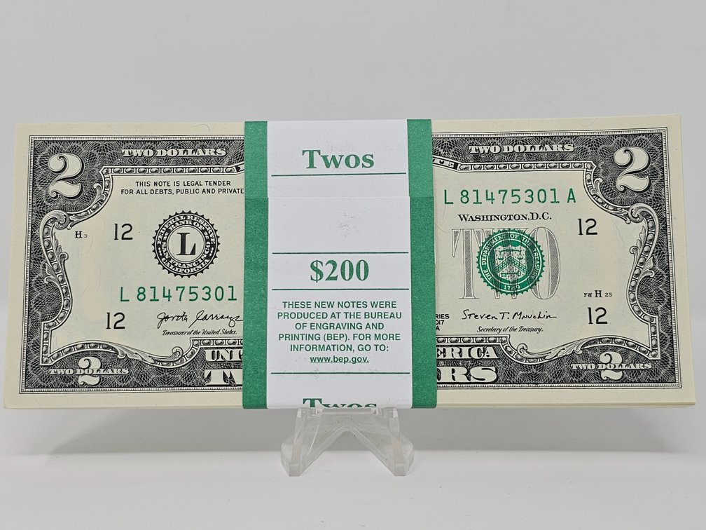 (100) 2017-A Sequential $2 Dollar Notes - Serial Numbers 81475301-81475400 - Directly From US Mint