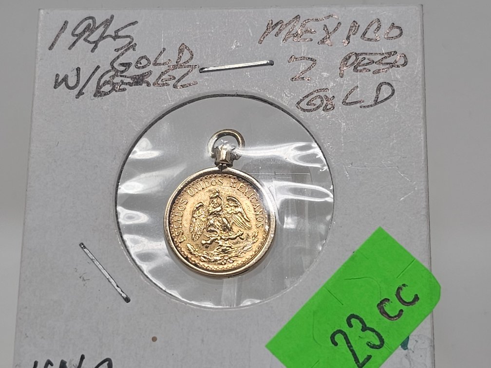 1945 2-Peso Mexican Gold Coin w/ Gold Bezel 