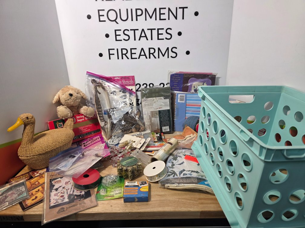 Assorted Crafting Supplies - Feathers - Ribbon - Stencils - Yarn and More with Teal Plastic Crate