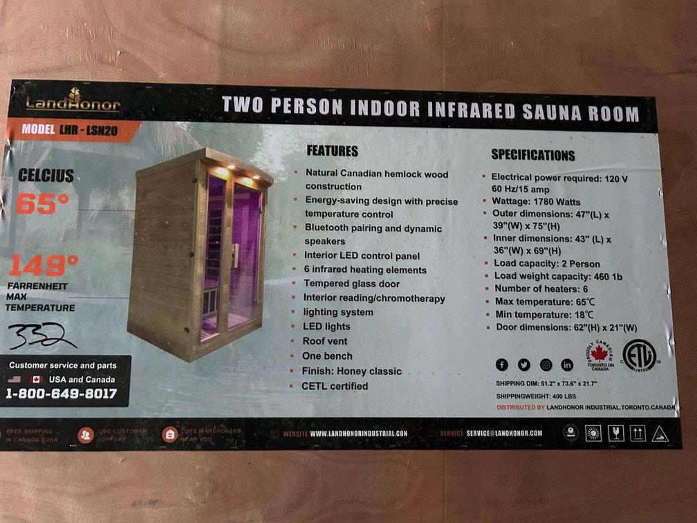 Unused LandHonor 2-Person Indoor Infrared Sauna Room - LHR-LSN20F