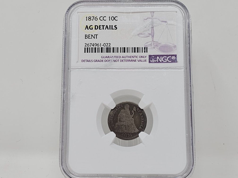 1876-CC Silver Seated Liberty Dime - Carson City - NGC AG Details Bent