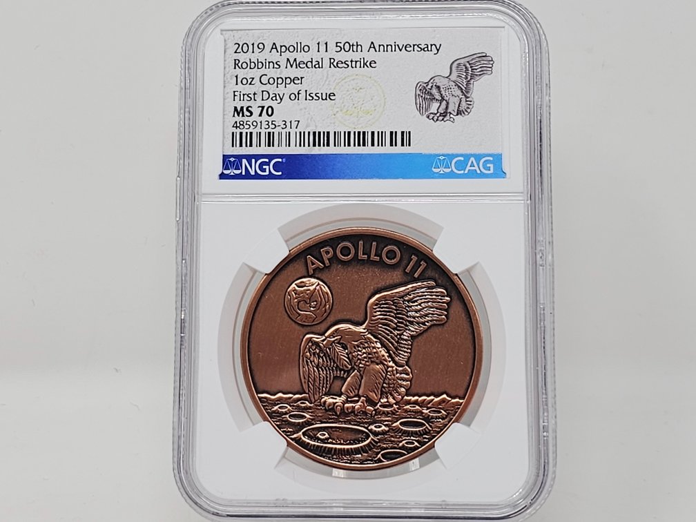 2009 Apollo 11 - 50th Anniversary - Robbins Medal Restrike 1 Oz Copper - First Day of Issue - NGC MS 70