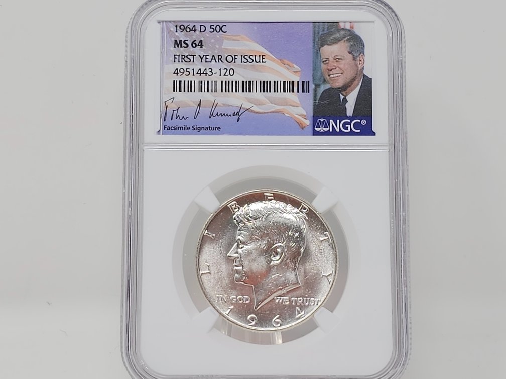 1964-D Silver Kennedy Half Dollar - First Year of Issue - NGC MS 64