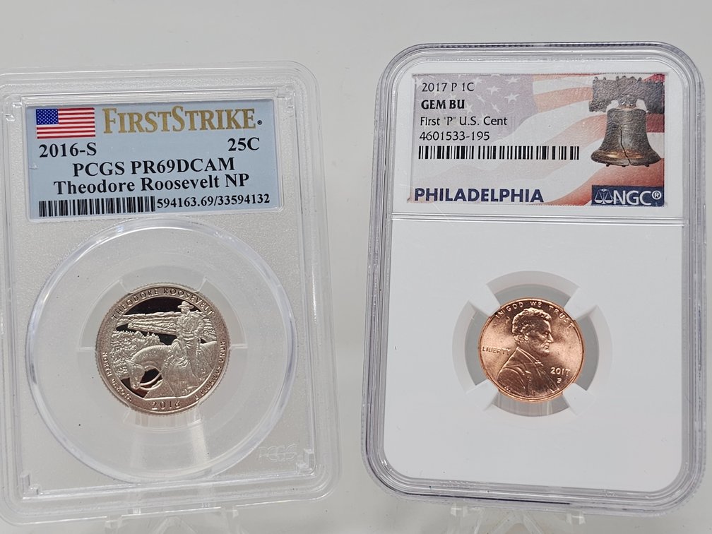 2016-S Theodore Roosevelt North Dakota Quarter - PCGS PR69DCAM &  2017-P Lincoln Cent - NGC GEM BU - First "P" US Cent