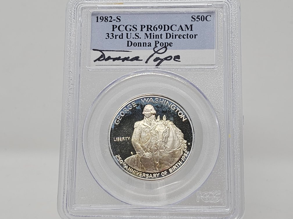 1982-S George Washington 250th Anniversary of Birth Commemorative Silver Half Dollar Proof - Donna Pope Signed - PCGS PR69DCAM 