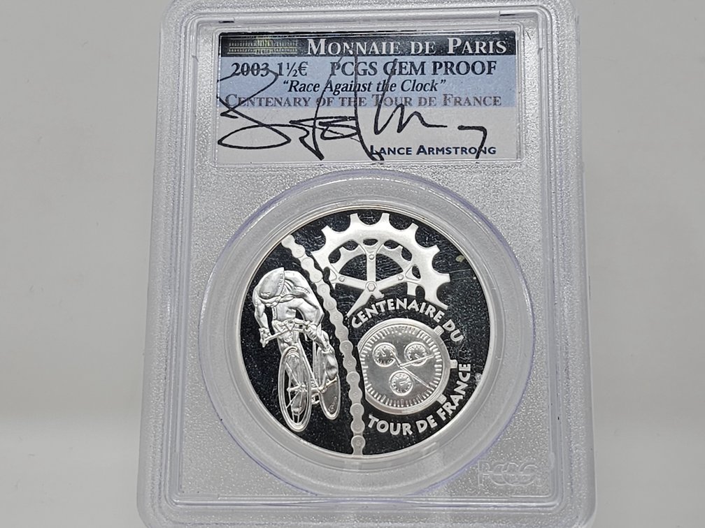 2003 1 1/2E Centeraire of the Tour De France Silver - Lance Armstrong Signed - PCGS GEM Proof