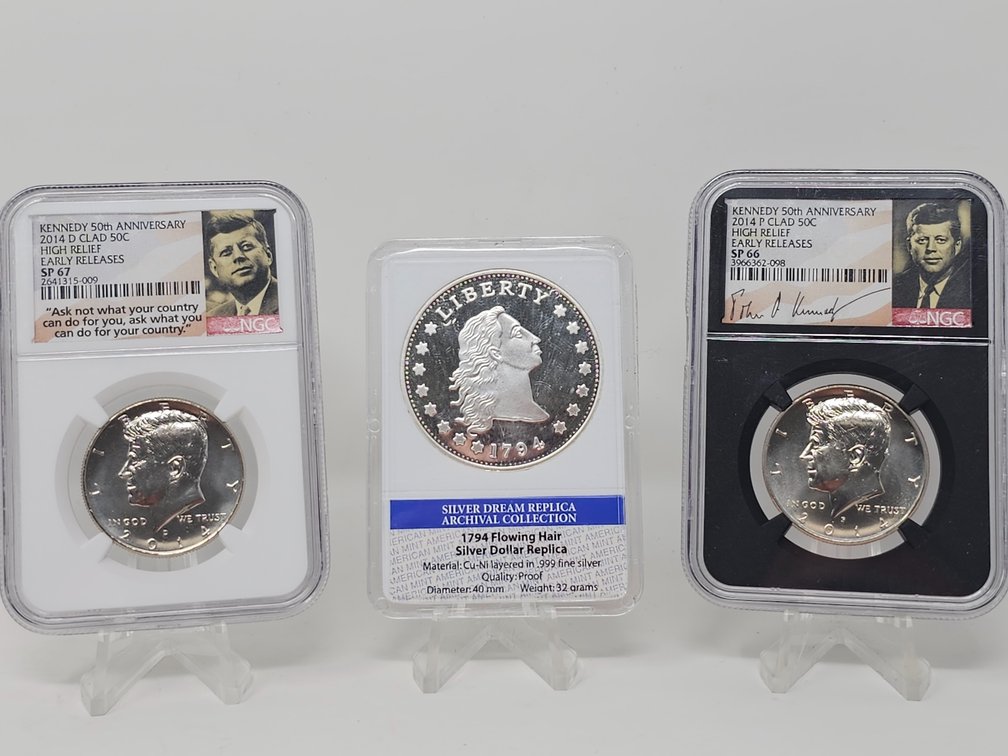 2014-D Kennedy 50th Anniversary Half Dollar - High Relief - Early Releases - SP 67 &  2014-P Kennedy 50th Anniversary Half Dollar - High Relief - Early Releases - SP 66 & 1794 Flowing Hair Silver Dollar Replica 
