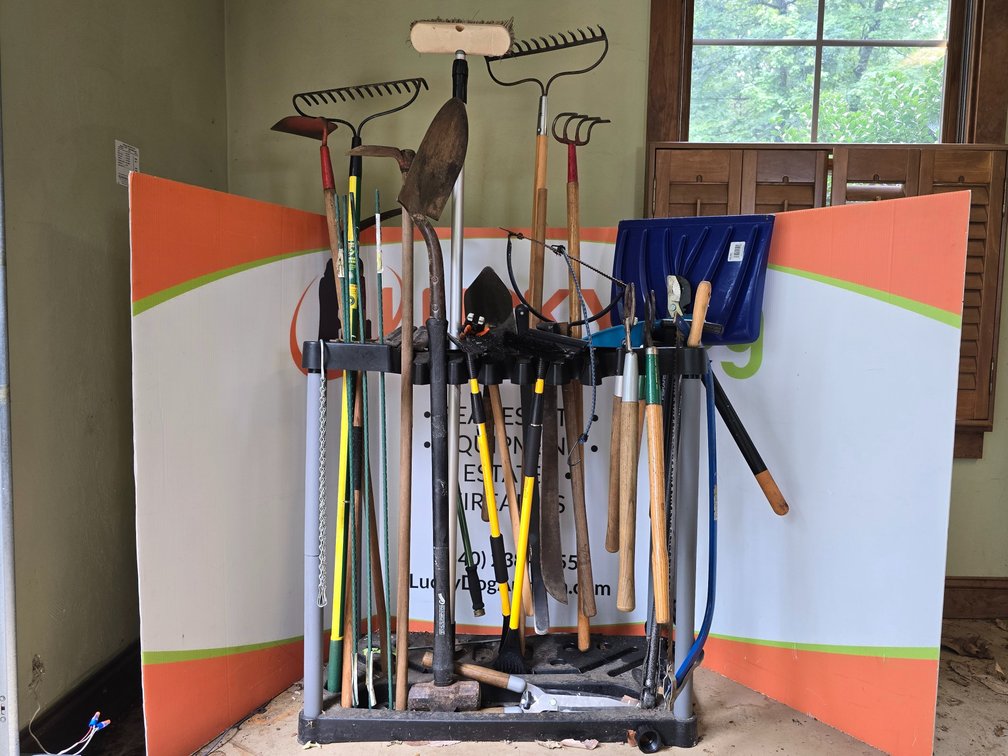 Yard Tool Organizer & Yard Tools - Rakes, Mattock, Shovels, Pruners, Sledgehammer