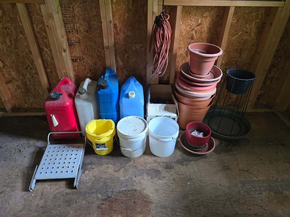 Shed Contents Lot 2 - Gas Cans - Pottery - Tarps