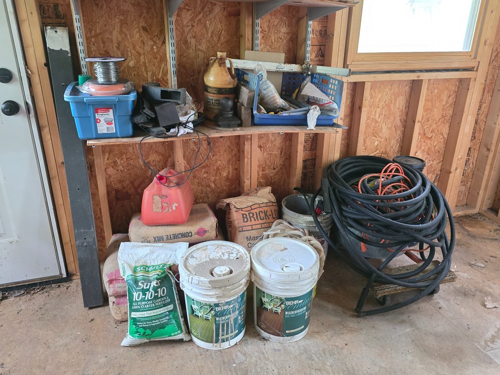 Shed Contents Lot 3 - Concrete Mix - Water Hose - Oil/Sta-Bil - Deck Stain