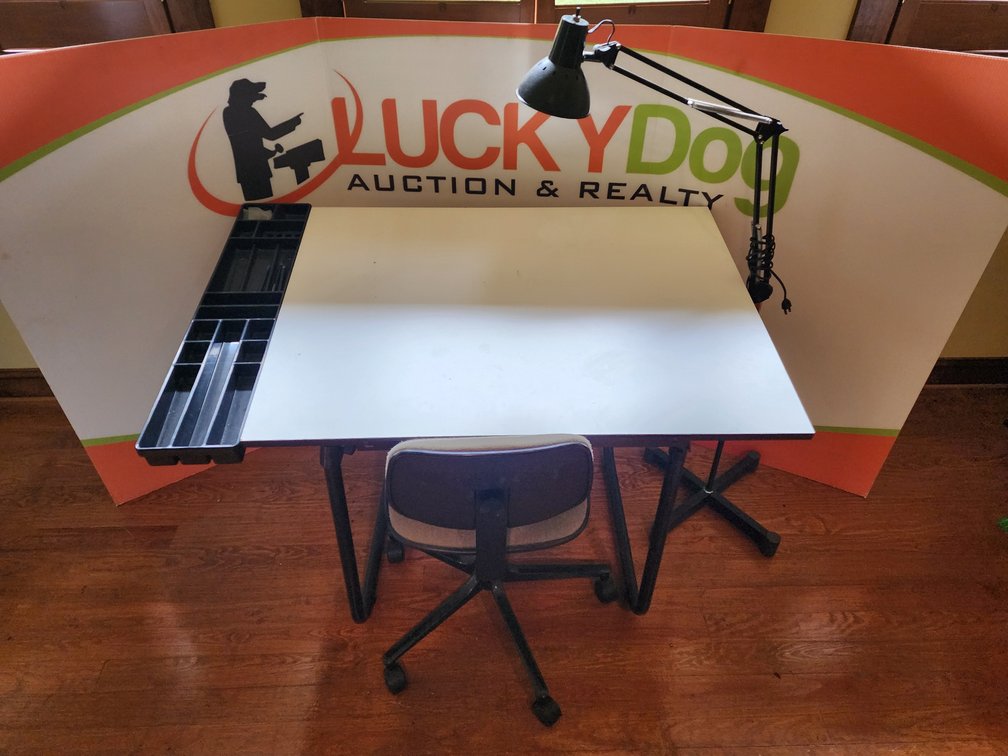 Drafting Table w/ Lamp and Chair - Measures 32" Tall x 47" Wide x 30" Deep
