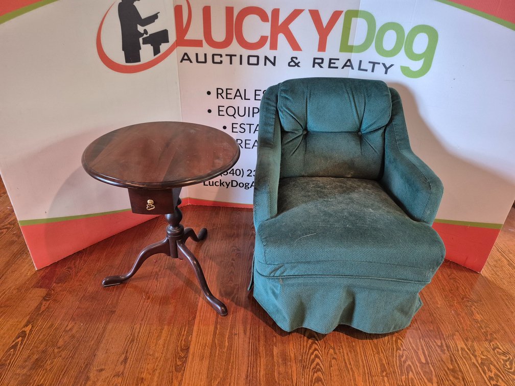 Upholstered Chair 32"×26"×30" and Wooden Lamp Table W/Drawer 25"×22"