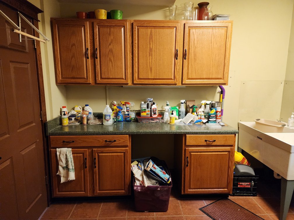 Laundry Room Cabinet Contents - Cleaning Supplies - Household Chemicles - Vases 