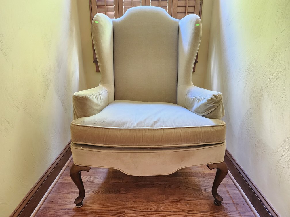 Victorian Style Velvet Wingback Chair Measures - 45" Tall × 32" Wide × 30" Deep
