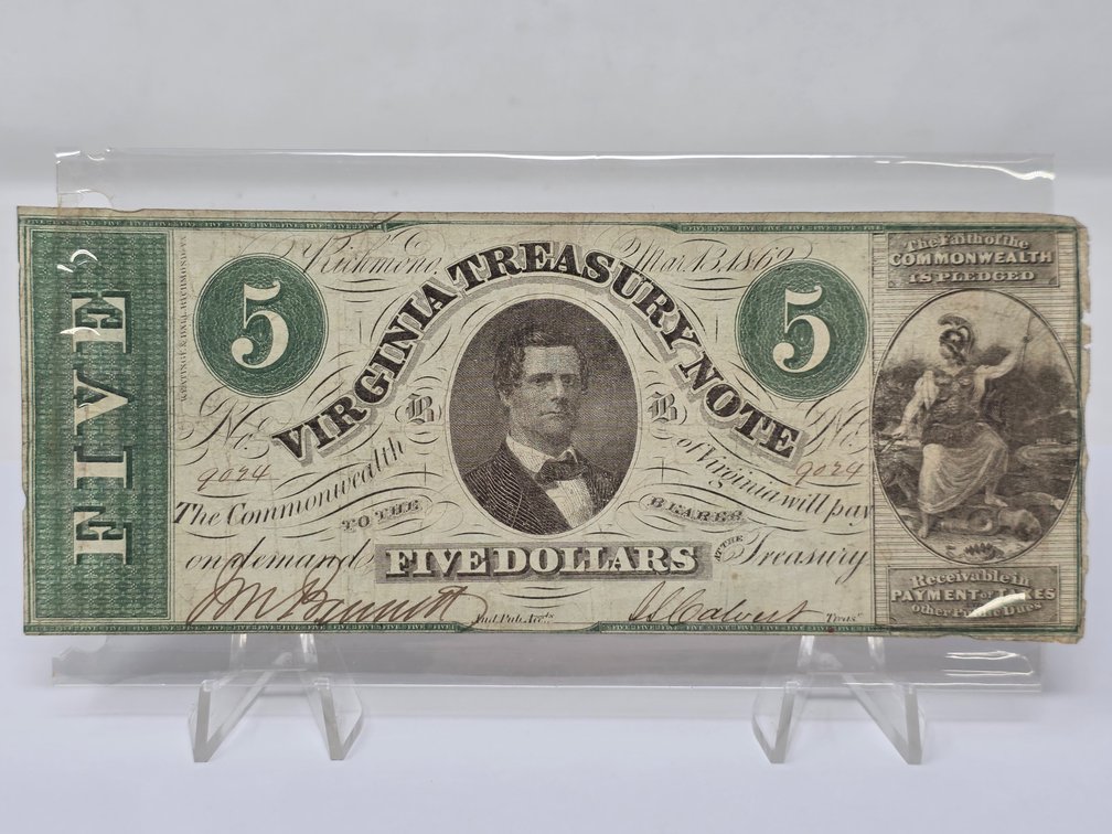 1862 Virginia Treasury Note - Confederate $5.00