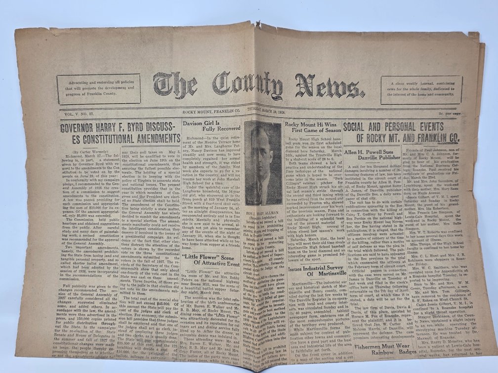 1928 "The County News" Franklin County Newspaper - Pages 1 & 2