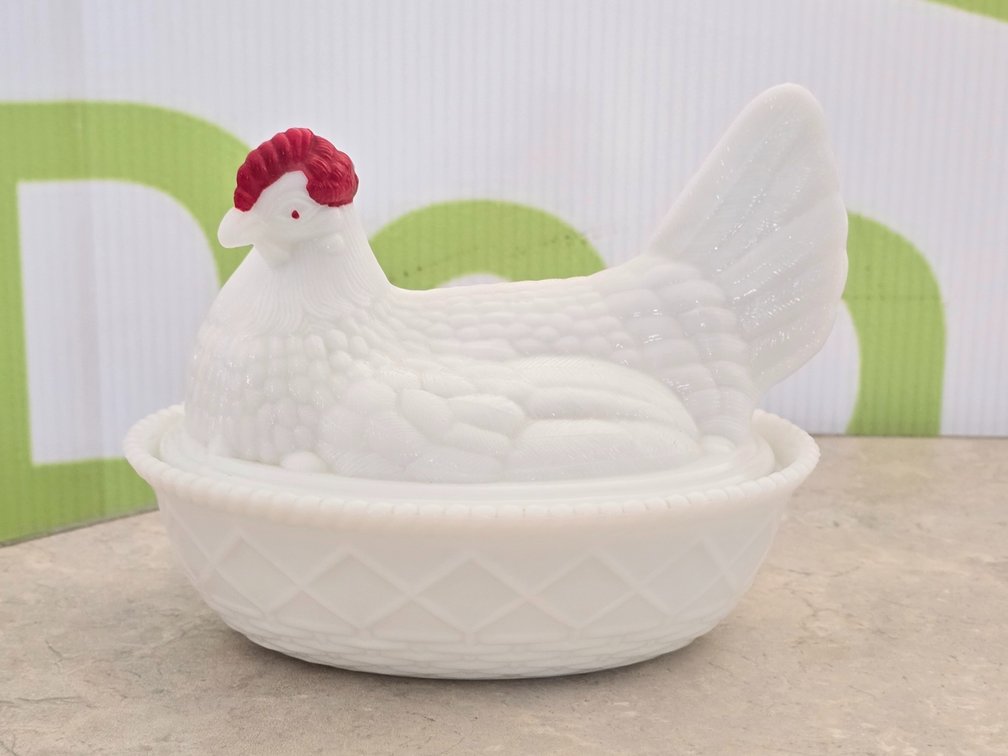 Milk Glass Hen on Nest Covered Dish w/ Red Comb