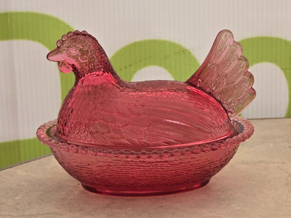 Indiana Glass Cranberry Hen on Nest Covered Dish