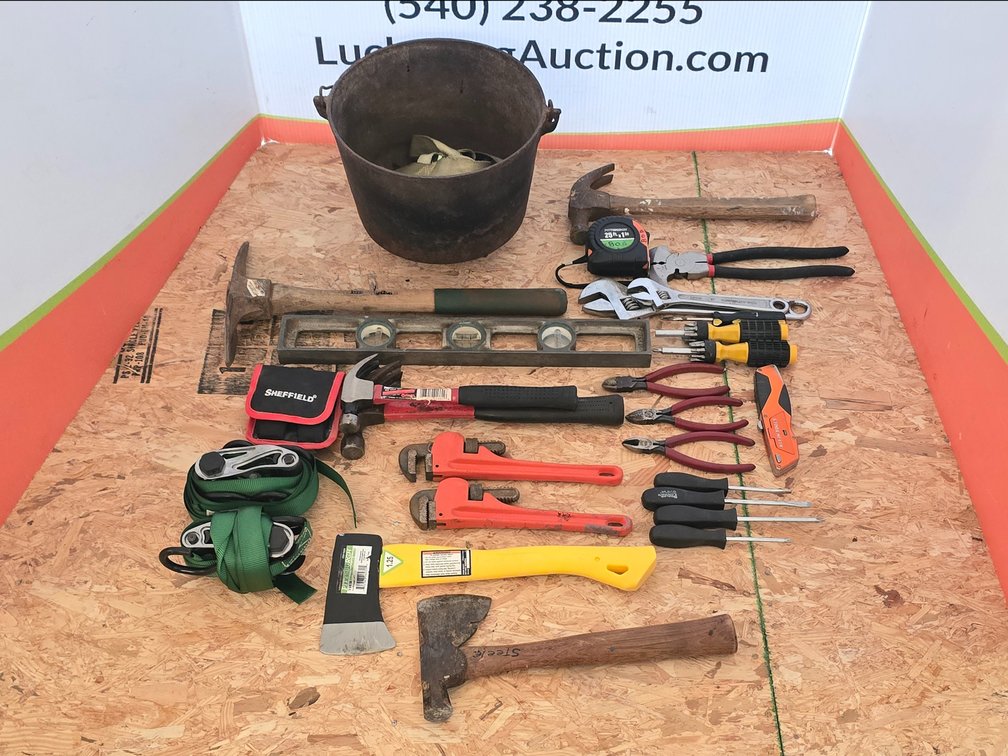 Cast Iron Pot - Pipe Wrenches - Hatchet - Hammers - Straps - Tape Measure - Pliers - Level