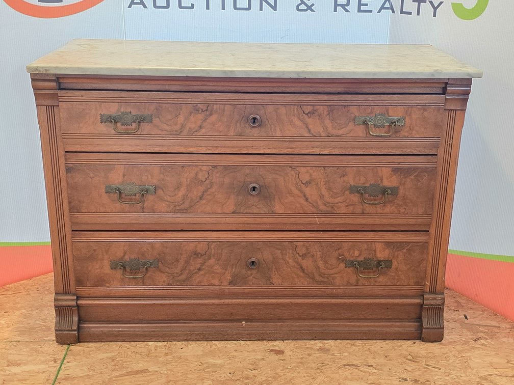 Eastlake Marble Top 3 Drawer Dresser - Measures 72" Tall x 41" x 18.5" Deep