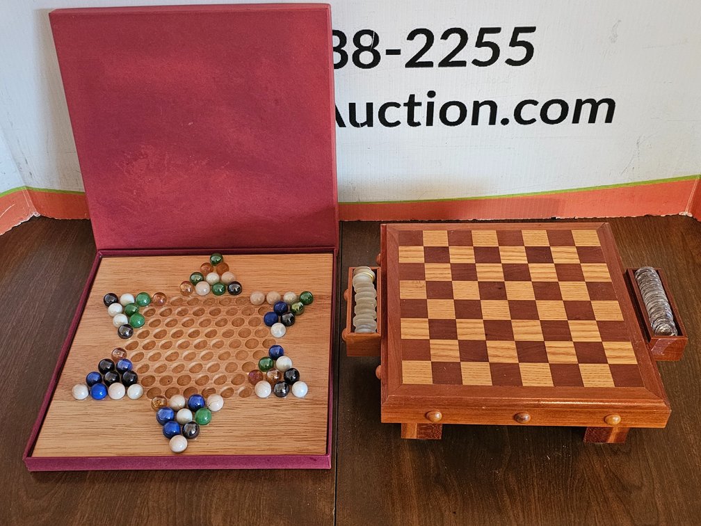 Chinese Checkers w/ Glass Marbles - Wooden Checkers Set w/ Glass Pieces