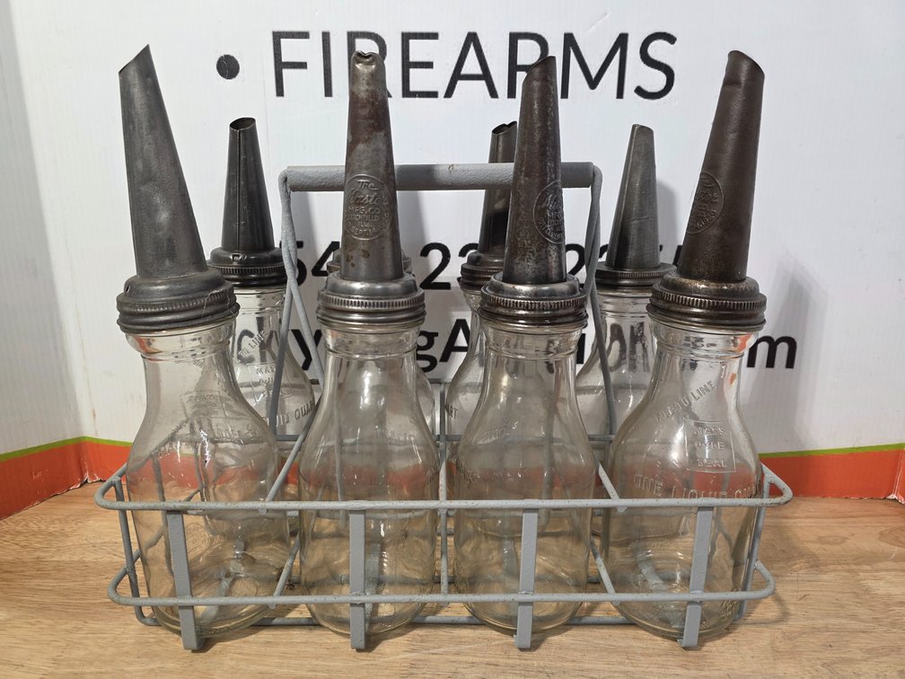 8 Antique Glass Motor Quart Oil Bottles with Spouts in Metal Carrying Crate