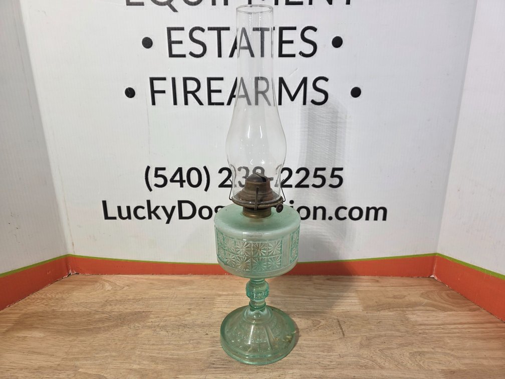 Antique Green Glass Oil Lamp w/ Clear Glass Chimney - Measures 20" Tall