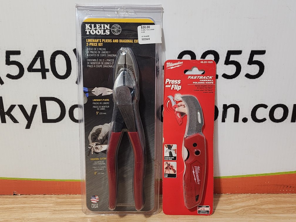 Klein Tools Linemans Pliers and Diagonal Cutters - Milwaukee Fastback Hawkbill Folding Knife 
