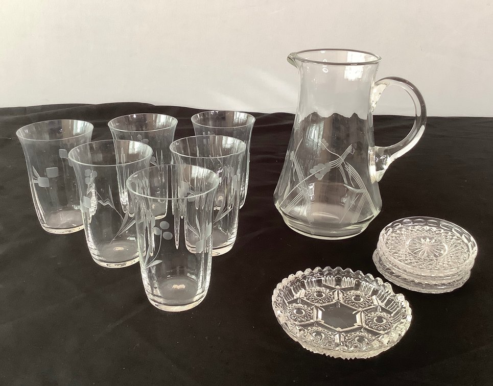 Etched Glass Pitcher and Glasses
