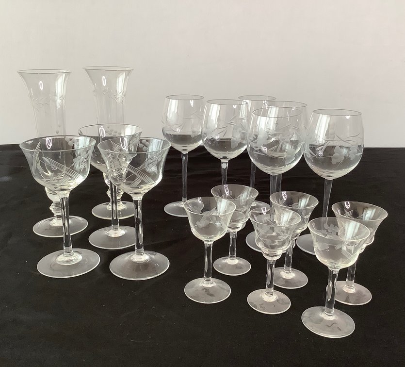 Etched Glass Wine and Cordial Glasses