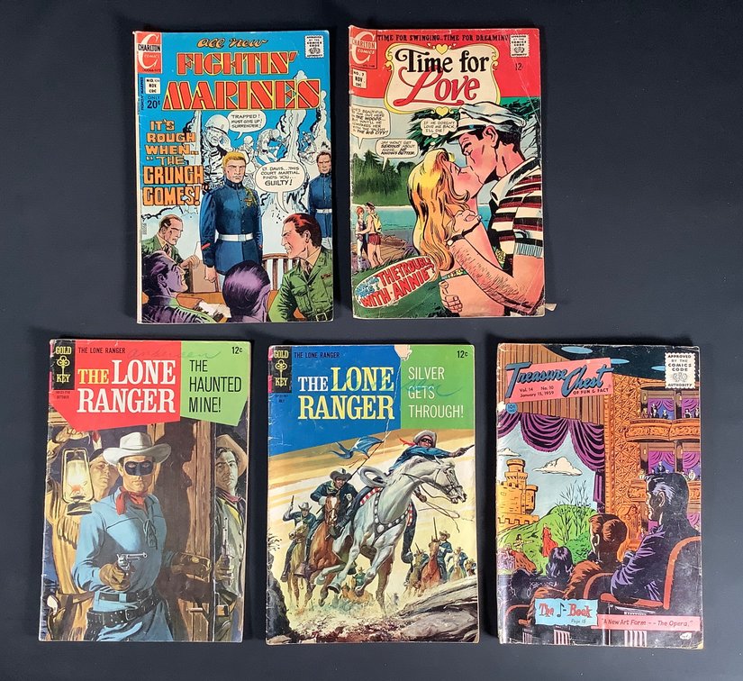 Vintage Charlton Comics Fightin' Marines and Time for Love, Gold Key The Lone Ranger and Treasure Chest 