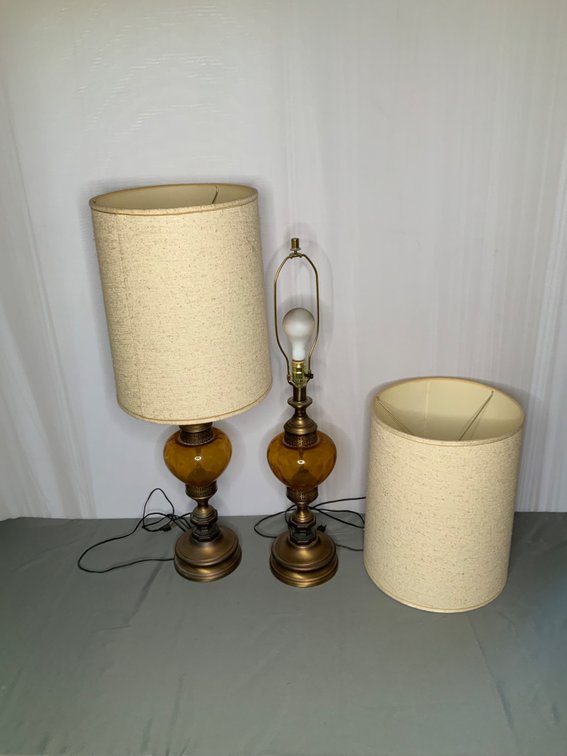 Pair of Mid Century Modern Leviton Amber Glass Lamps 