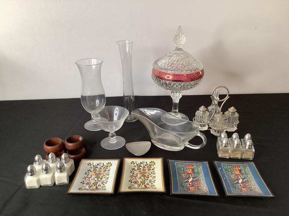 Pedestal Candy Dish, Vases, Salt & Pepper Shakers