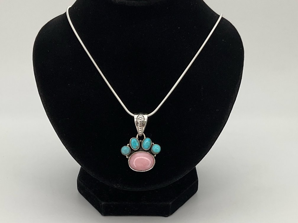 Pink Conch Shell and Turquoise Sterling Silver Bear Paw Necklace