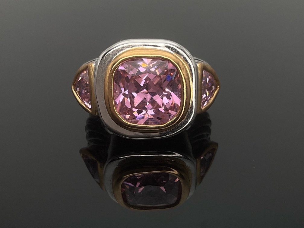 Silver Ring with Gold Accents and Pink Stones