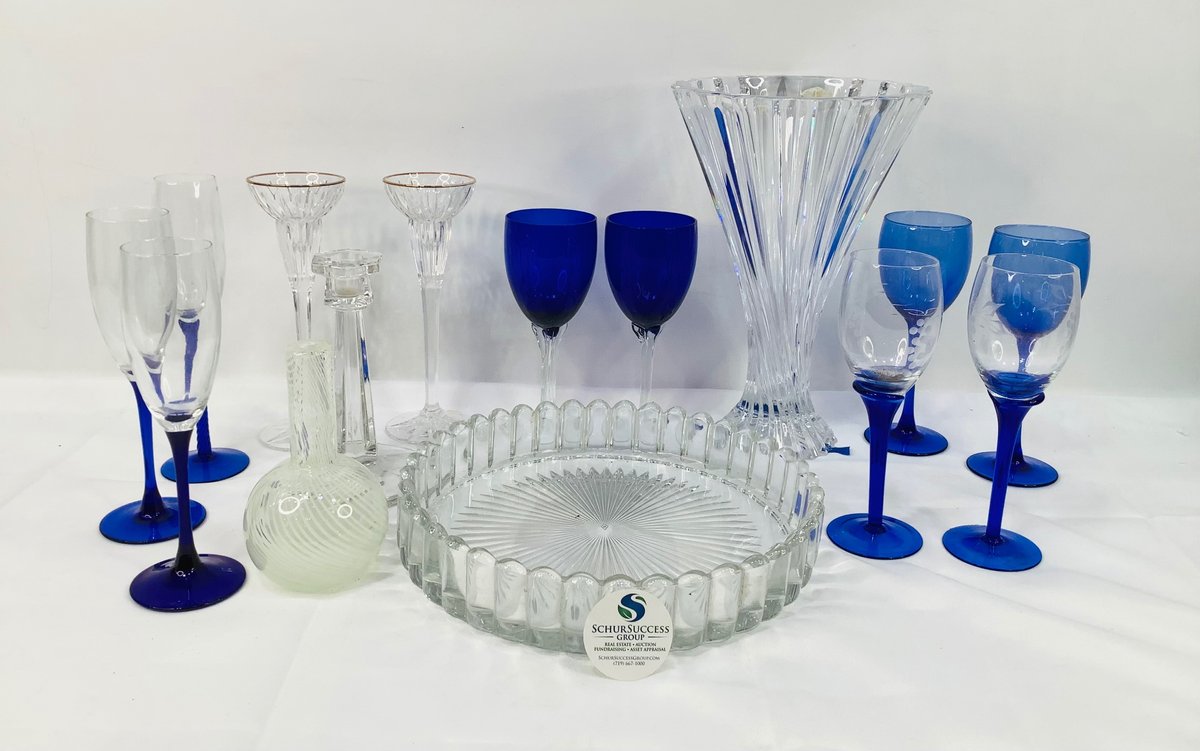 Shannon Crystal Vase & Blue Glass Stemware