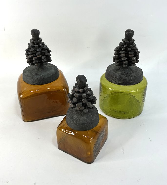 Vintage Amber Glass Jars with Pinecone Lids