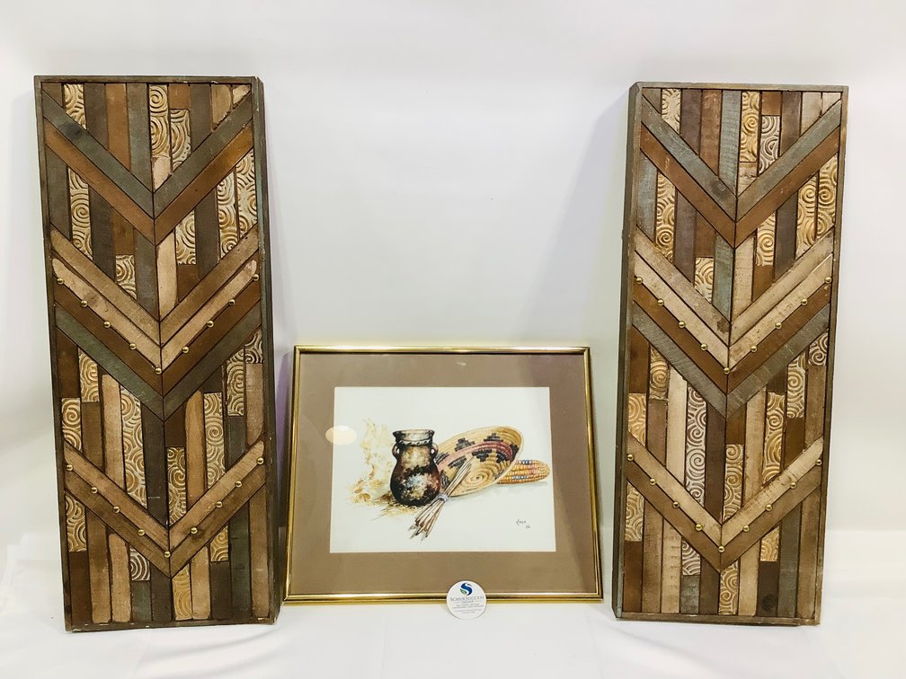 Elroy Kaye Watercolor and Two Wood Wall Art Hangings