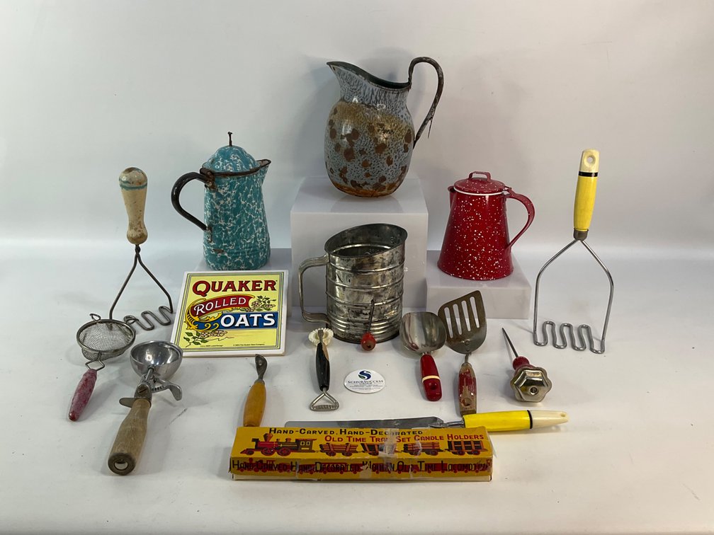 Assorted Enamelware and Vintage Kitchen Utensils