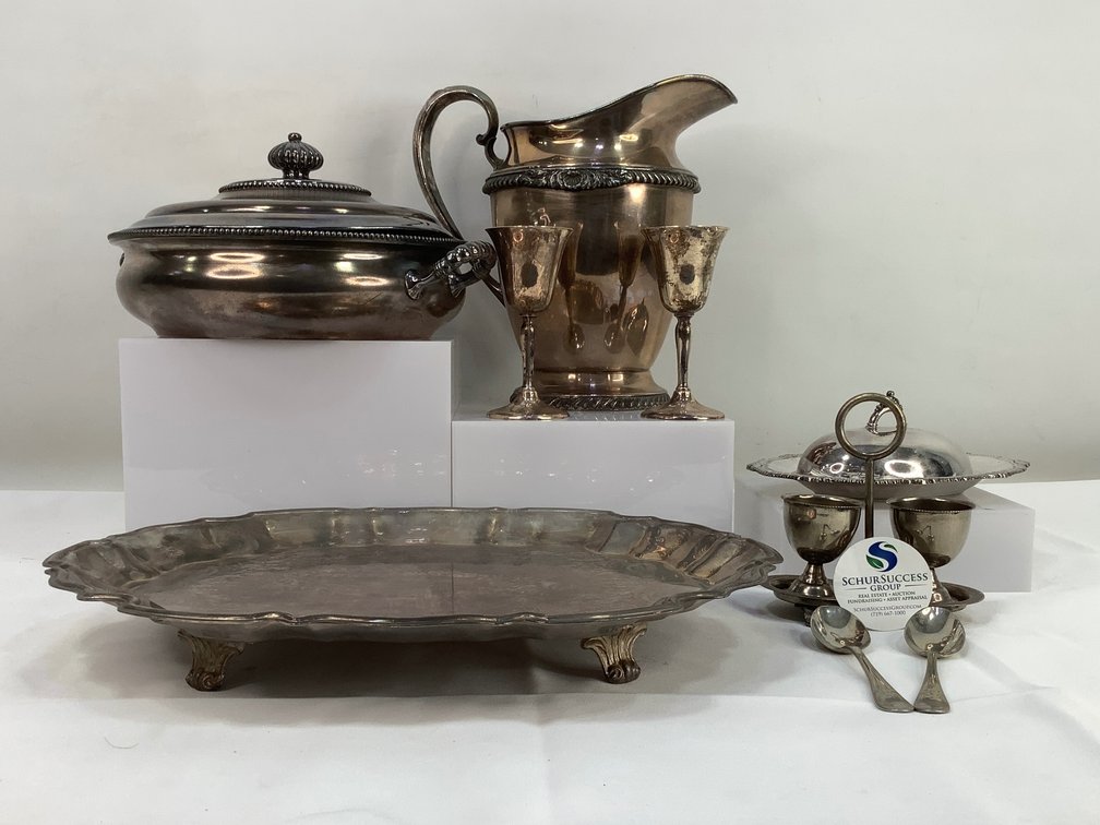 Silver Plated Serving Dishes with Sterling Silver Small Goblets