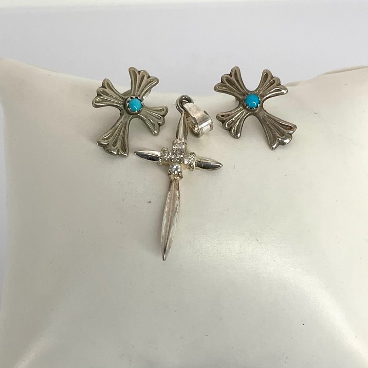 Silver and Rhinestone Cross Pendant with Earrings