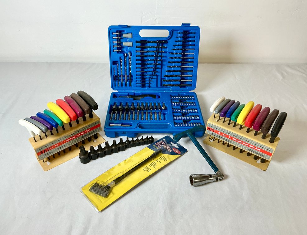 Two (2) T-Handle Hex Key Sets, Flexible Shaft Bit Driver, Companion Ratcheting Screwdriver Set