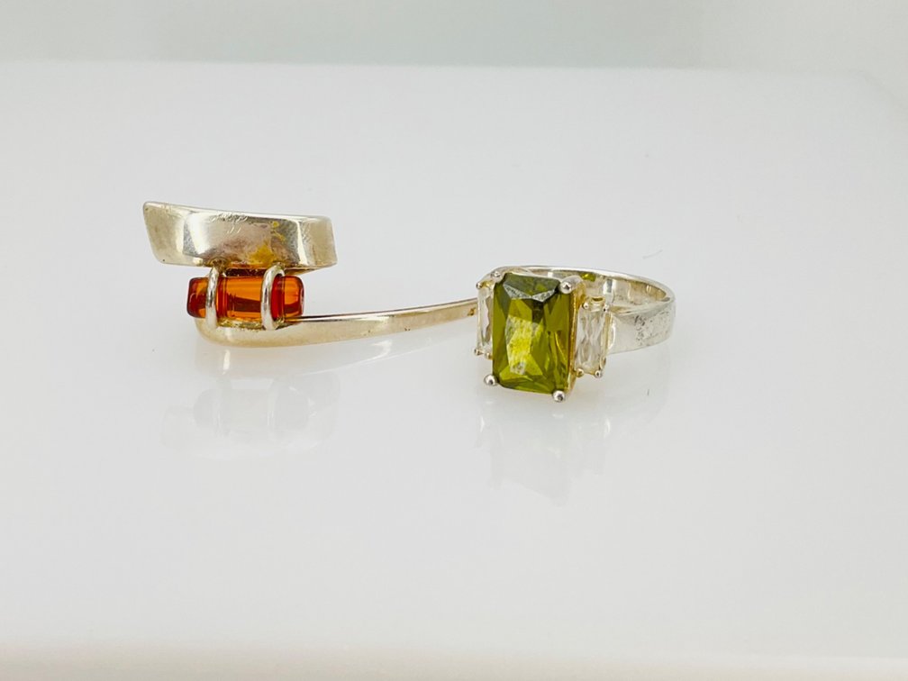 Silver Rhinestone Ring with Amber Pendant